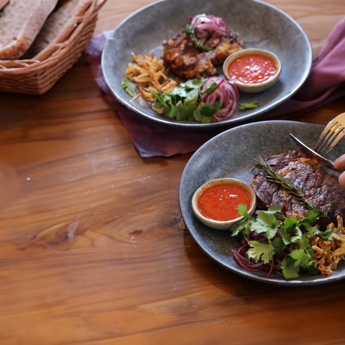 top view of friends lunch with steak meat and salad